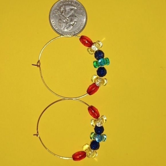 ❤️ Handmade Hoop Red/White/Blue/Teal beaded Earrings - Picture 4 of 5